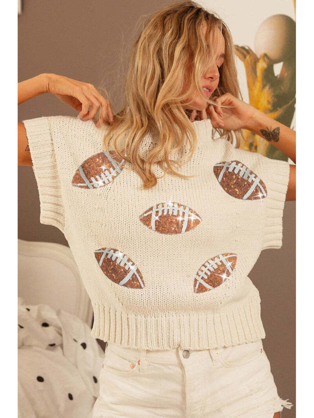 Bibi Sequin Football Patches Rib Banded Sweater
